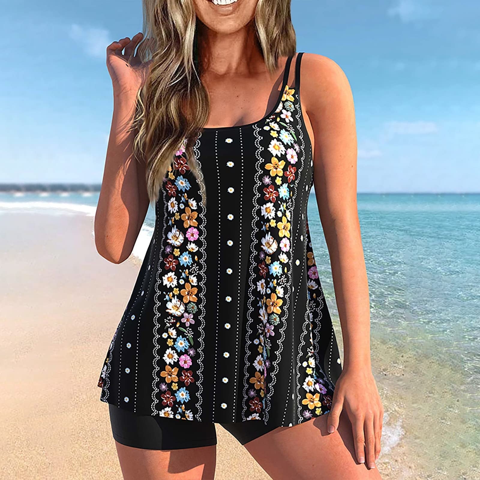 Maillot De Bain Tankini 2 Pieces Femme Shorty Maillot De Bain Deux Pièces Femme Taille Haute Grande Taille Chic Pas Cher Imprimé Tropical Sport Natation Piscine Plage Océan (Light Blue, S