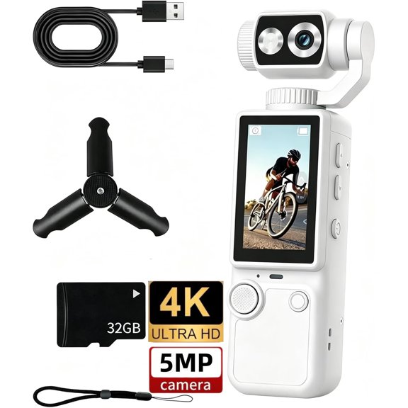 4K Ultra HD Pocket Gimbal Vlogging Camera, Built-in Fill Light, 180° Flip Lens Portable Action Cam with 32GB Card & Tripod, 2000mAh Battery for Travel Vlog Riding