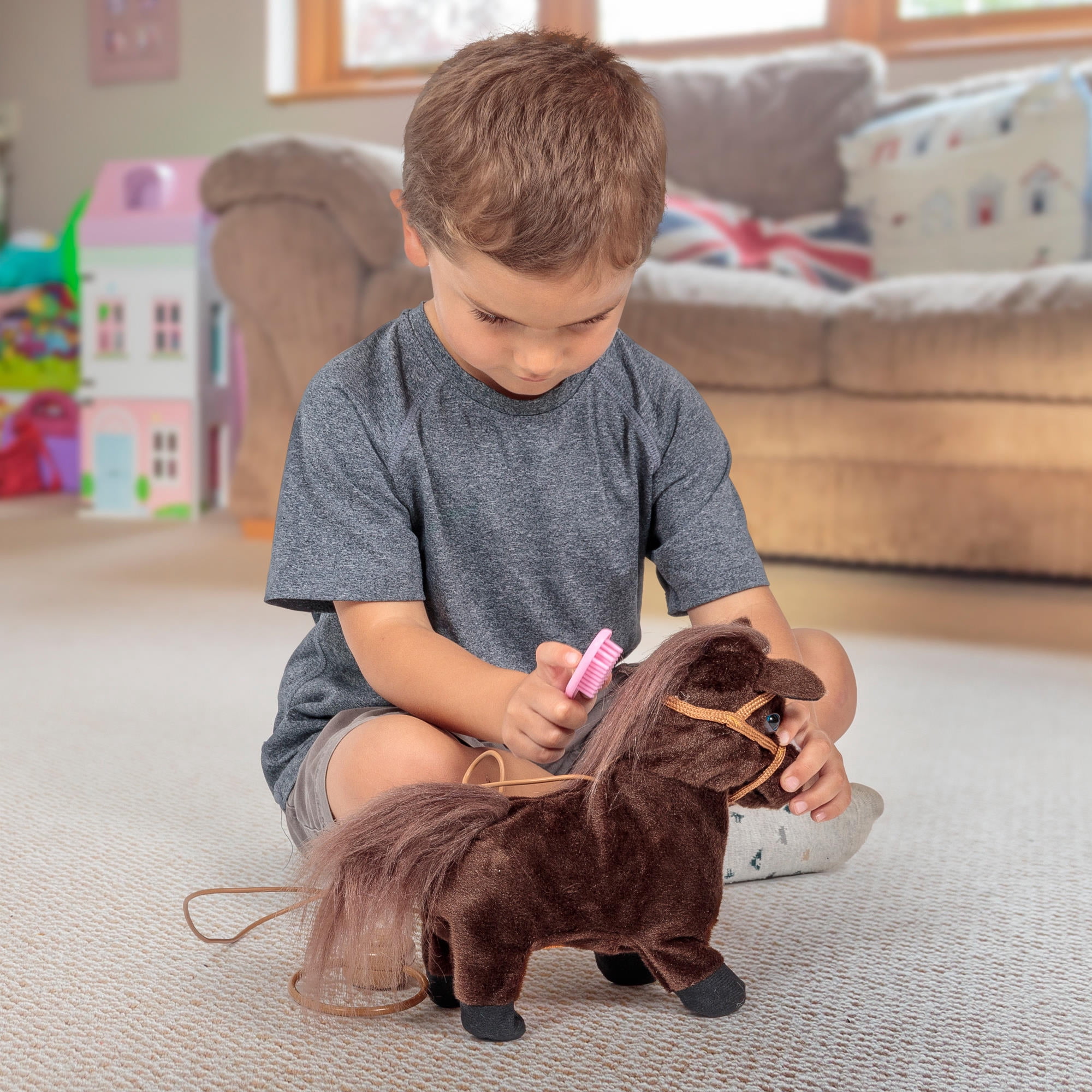 Tobar: Animigos Trotting Pony - Brown - Cuddly Animated Plush Pet, Trots-Neighs-Flicks Its Tail, Brush & Lead, Fun Interactive Toy, Toddlers-Kid 18Mo+
