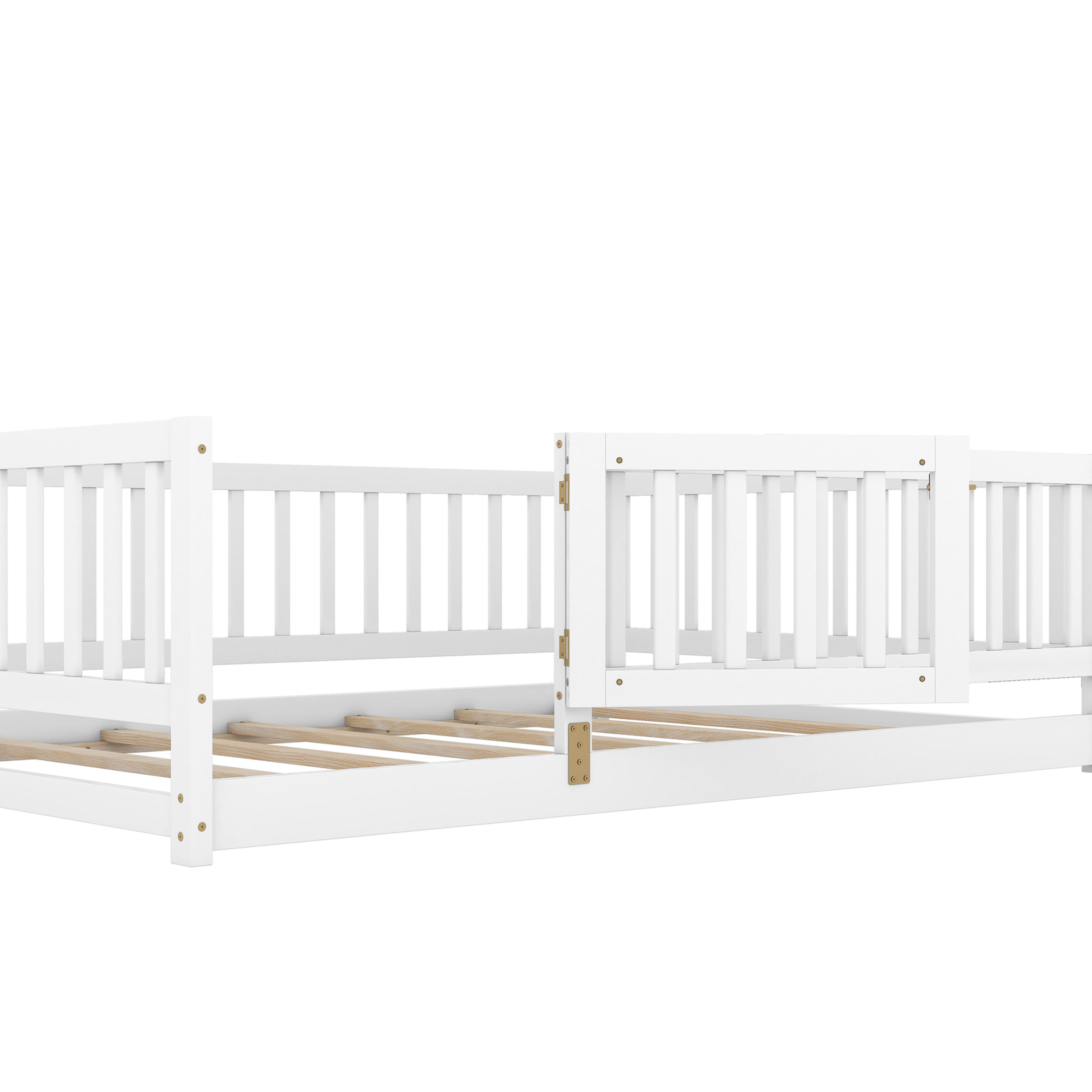 Noble House Full Size Montessori Floor Bed with Fence & Door, Wooden Kids Floor Bed with Slats, White