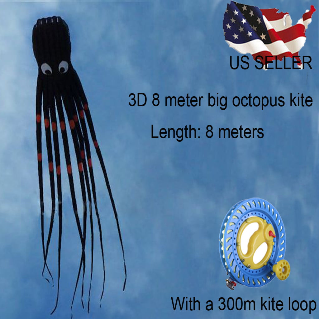 Kite Black 3D 8 Meter Big Octopus  Black Blue Wire Loop 300 Meter Line 