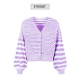 thumbnail image 4 of Xuanfei Women Colorblock Striped V Neck Front Button Down Lantern Long Sleeve Cardigan Sweater, 4 of 7
