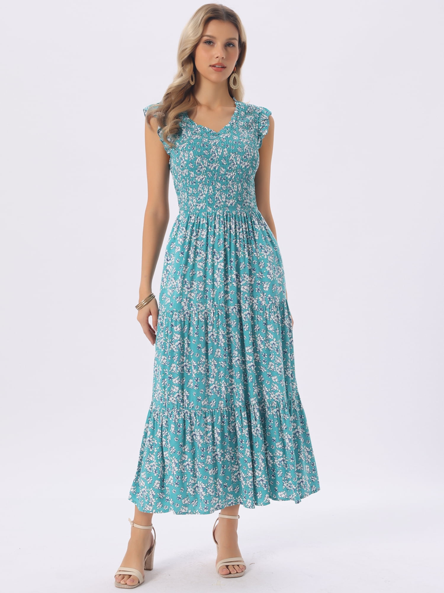 DARING DIVA V Neck Smocked Ruffle Tiered Maxi Dress Medium Green