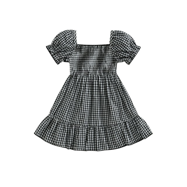Faithtur Robe d'Été Décontractée pour Filles Manches Courtes Bouffantes Robe Trapèze à Carreaux pour Fête, Voyage