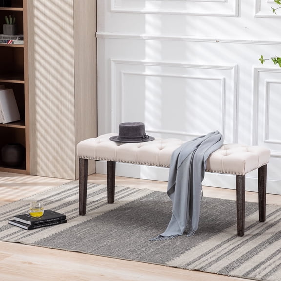 Nmkwnr Velvet Rectangle Bench with Wood Legs, Upholstered Dining Bench for Entryway Dining Room Living Room, Beige