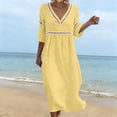 thumbnail image 2 of Lnmiateer Women Summer Boho Cotton‑Linen Dress V‑Neck 3/4‑Sleeve Pleated Lace Accent Lightweight Gauze Loose‑Fit Beach Vacation Daily Wear, 2 of 7