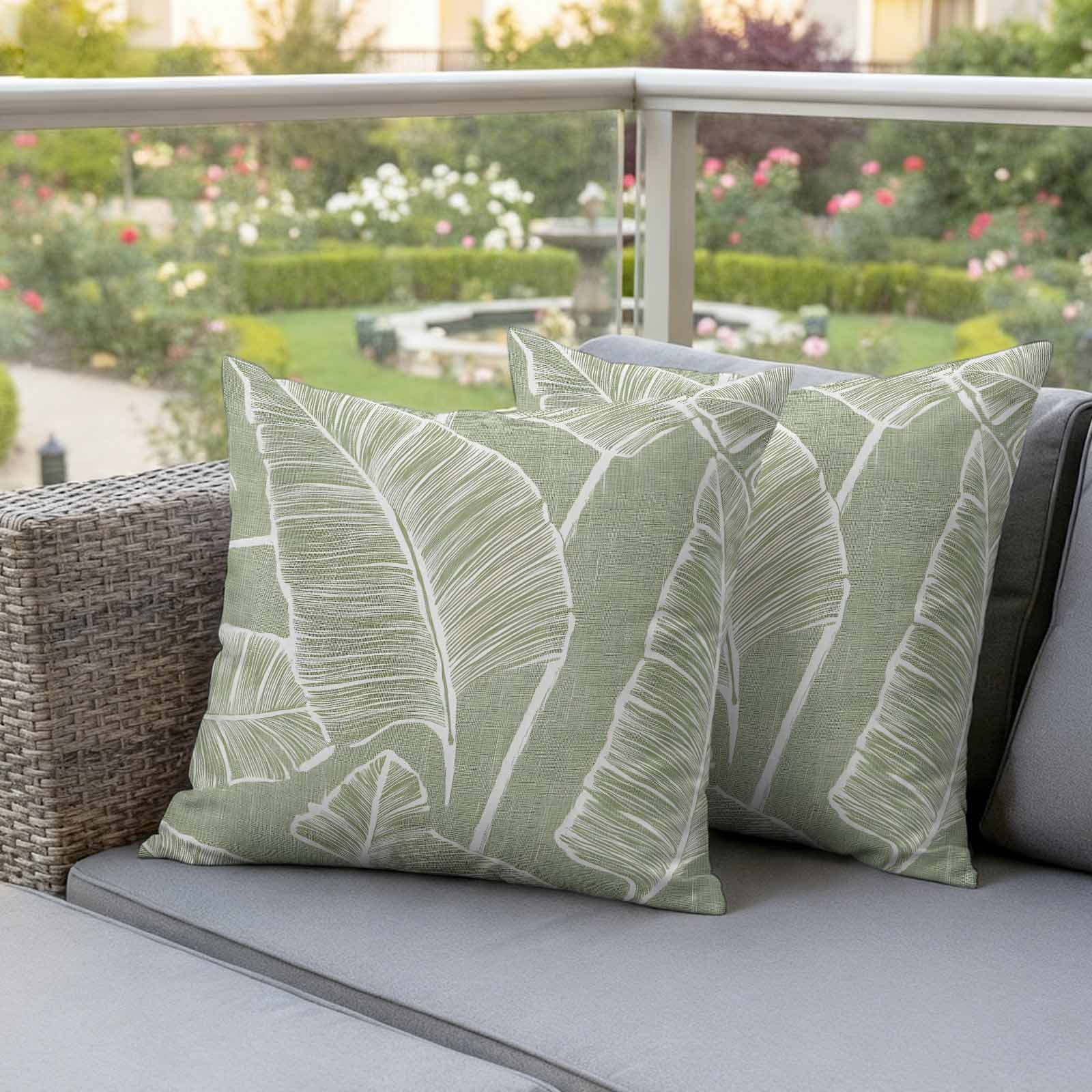 Pack of 2 Outdoor Pillow Covers,Waterproof Tropical Bloom Silhouettes Throw Pillow Covers,Green Palm Leaf Decorative Pillowcases Cushion Covers for Patio Couch Pillow Sham Protector 20x20 Inch