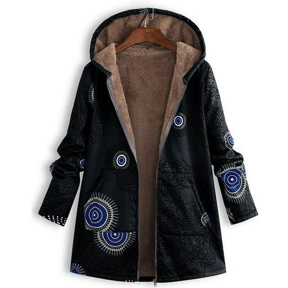 Uaswgudfs ​Women's Geometric Print Winter Coat - Mid Length Insulated Faux Fur Hood Multi-Pocket Design
