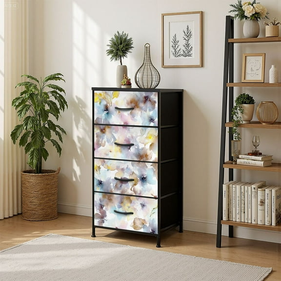 4 Drawer Vertical Storage Dresser Floral Watercolor flowers Vintage floral fabric with Wood Top Fabric Pull Drawers