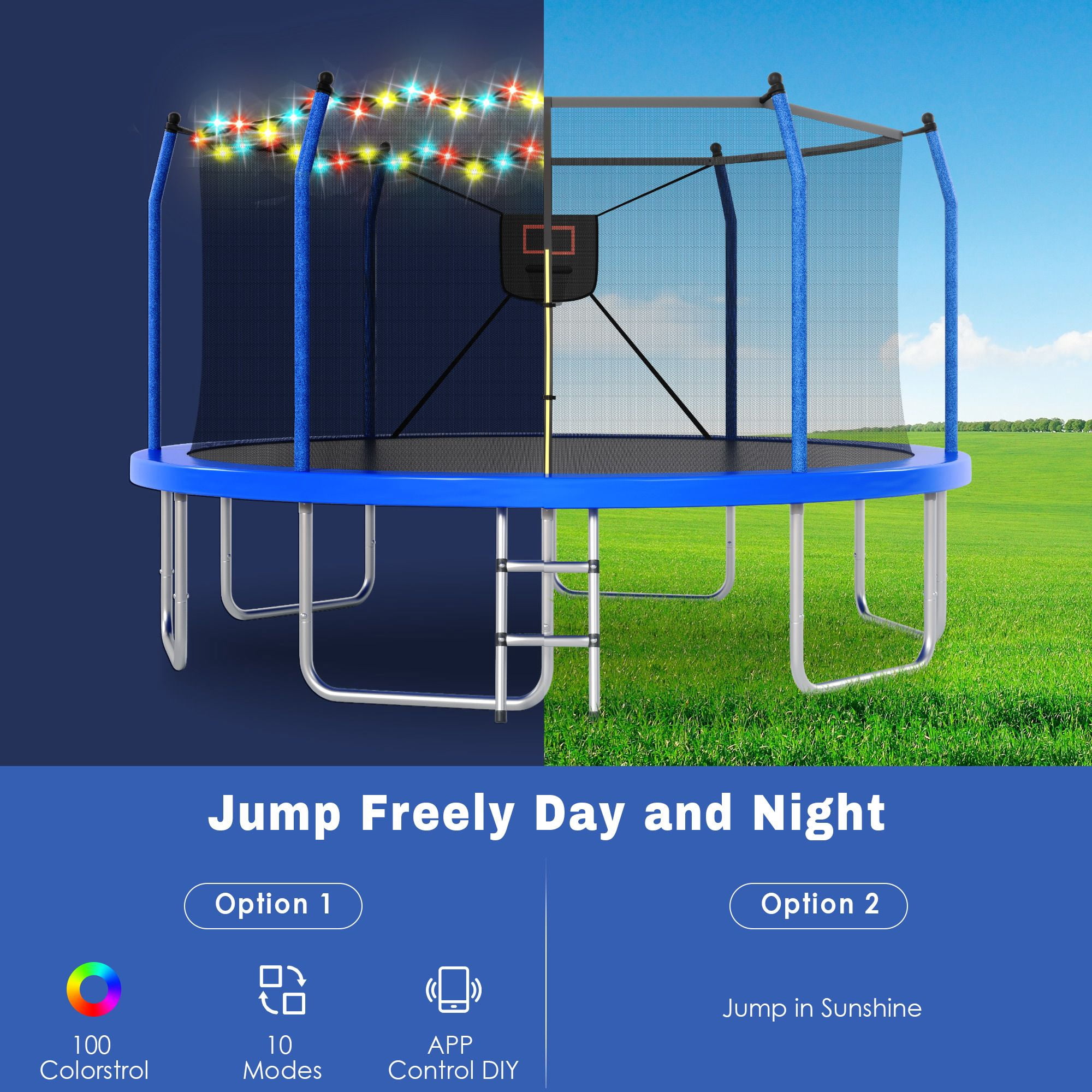 Alvantor 14ft Trampoline with Basketball Hoop & Lights, Outdoor Round Trampolines for Kids with Enclosure net Blue