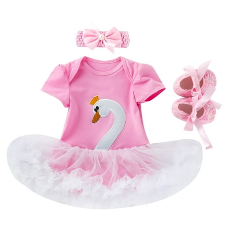 

Toddler Baby Girls Climbing Clothes Summer Dress Swan Pattern Short Sleeve Shaggy Skirt Crawling Suit Shoes Hair Accessories Three Piece Set For 0-3 Months