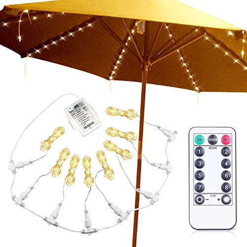 GreenClick Patio Umbrella Lights Rechargeable 104 LED Battery Operated Parasol String Lights with Remote Control & Timer 8 Lighting Mode Waterproof Umbrella Pole Lights for Patio Camping Tents