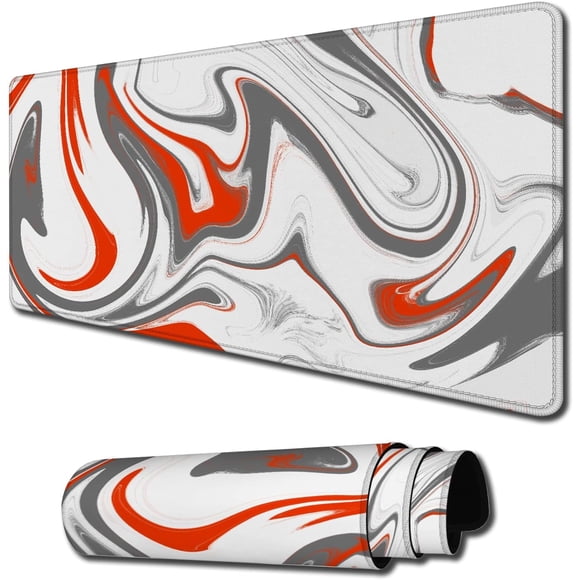 Minimalist Topographic Map Mouse Pad Large Gaming Mouse Pad with Stitched Edges and AntiSlip Base, Marble Design Red and White, Ideal for Keyboard and Mouse, 31.5 x 11.8 in