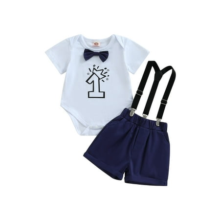 

jaweiwi Baby Toddler Boys Gentleman Shorts Clothes Set 0 6M 12M 18M 24M Number Print Romper with Solid Overall Shorts Summer Outfit