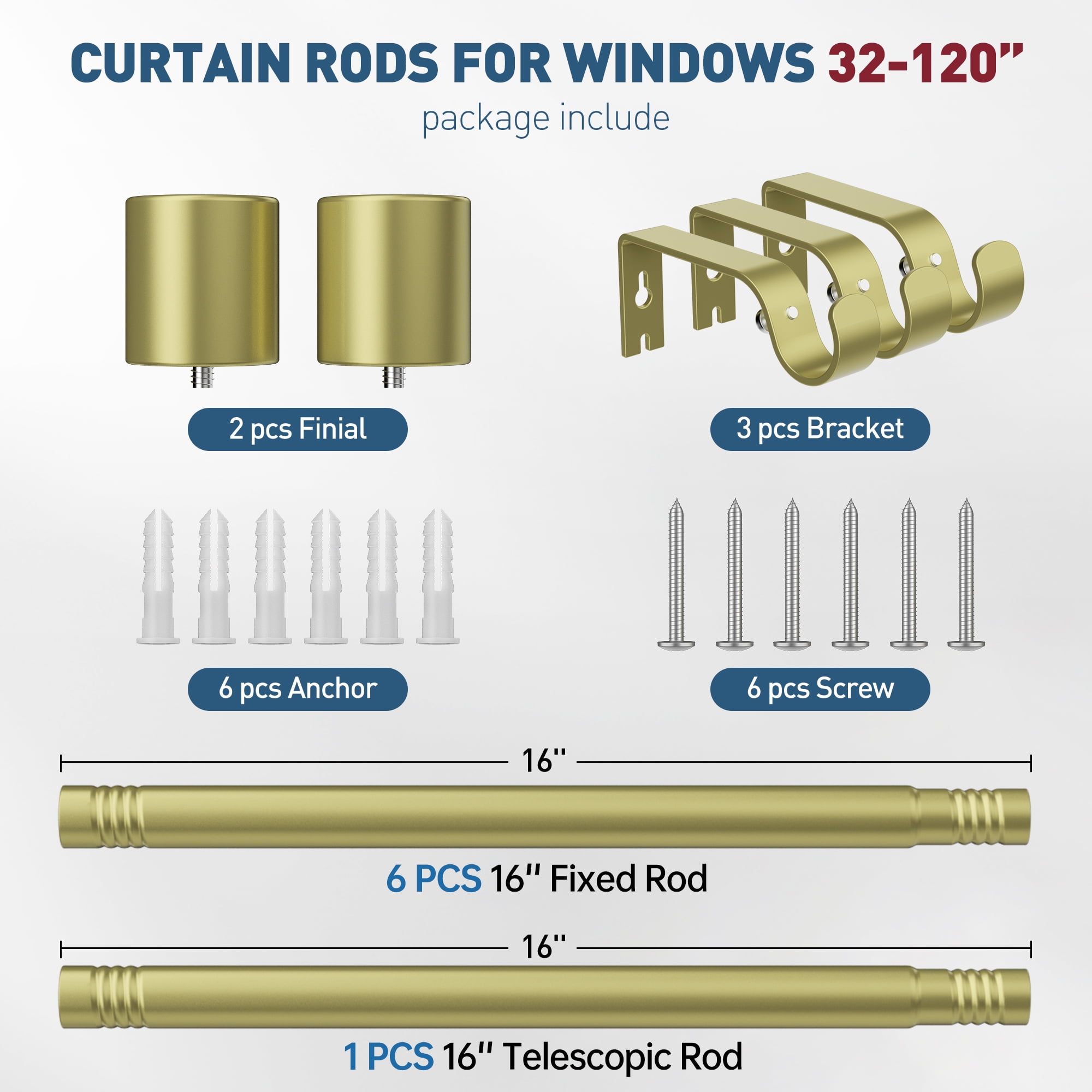 Curtain Rods, Single Curtain Rod for Windows 32 to 120 inch,1 inch Adjustable Brass Gold Curtain Rod Easy Installation with Modern Design, Decorative Long Drapery Rods with Brackets