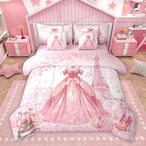 Homewish Kawaii Princess Dress Bedding Comforter Set 7 Pieces for Girl, Romantic Love Heart Full Bedding Set, Pink Fashion Reversible Fitted Sheet Flat Sheet, Lightweight Room Decor