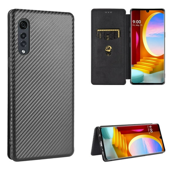 Case for LG Velvet Magnetic Carbon Fiber Leather Folio Flip Case with Card Holder Kickstand