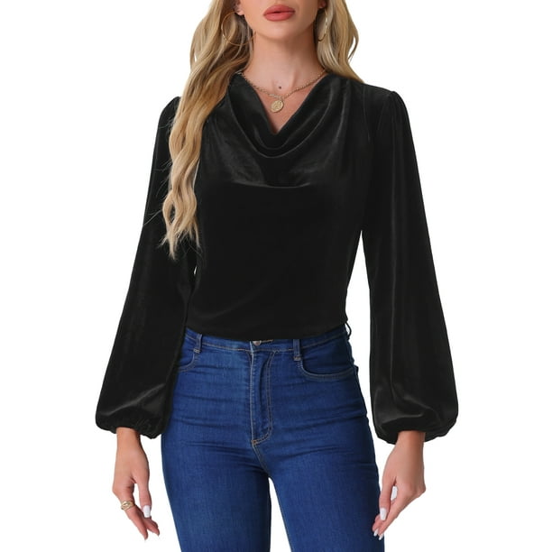 INSPIRAR CHIC Blusa de Terciopelo Vintage para Mujeres con Cuello de Cowl y Mangas Largas en Negro Talla XS