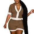 thumbnail image 2 of Riforla Shorts Set for Women Knit Color Block Button Down Shirt and High Waist Shorts Tracksuits Jumpsuits Sets for Women 2 Pieces Brown M, 2 of 7