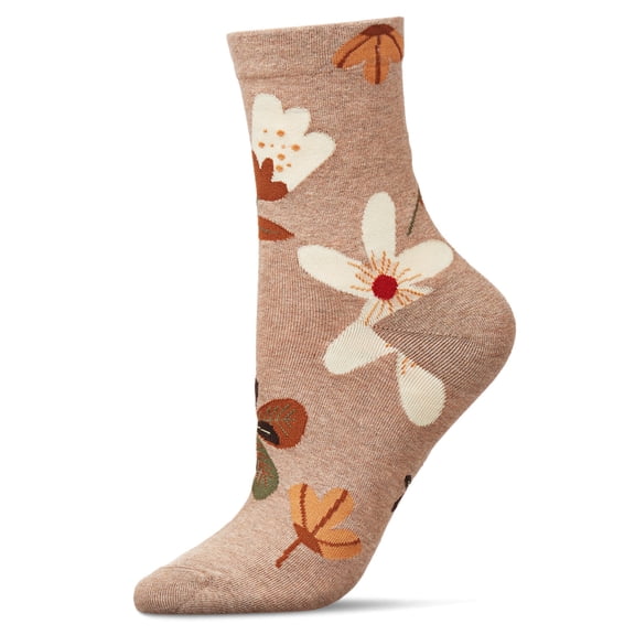 MeMoi Women's Combed Cotton Floral Crew Socks - Womens - Female, 9-11, Oatmeal