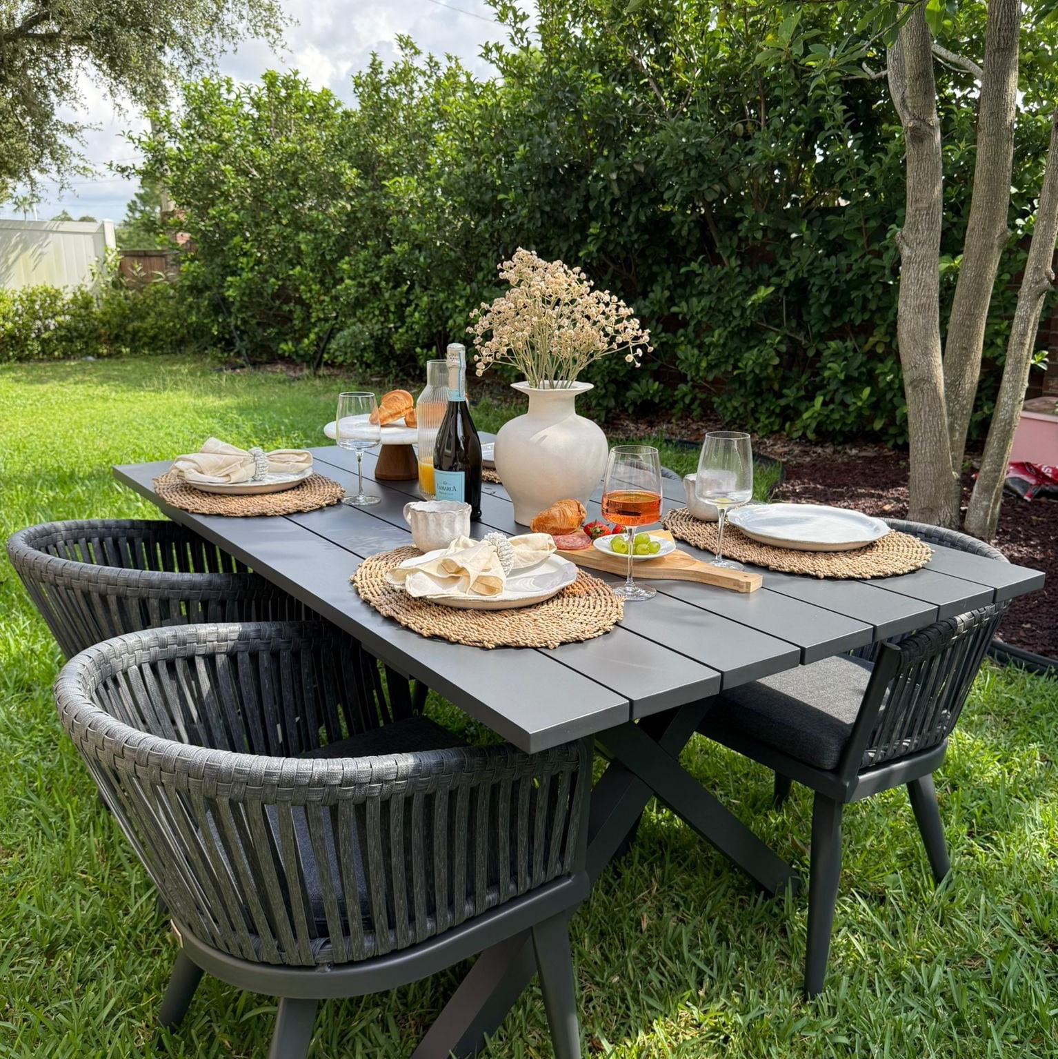 PURPLE LEAF 7 Pieces Patio Dining Set, Rectangular Aluminum Outdoor Table and 6 Wicker Chairs with Cushions for Garden Kitchen and Porch, Grey