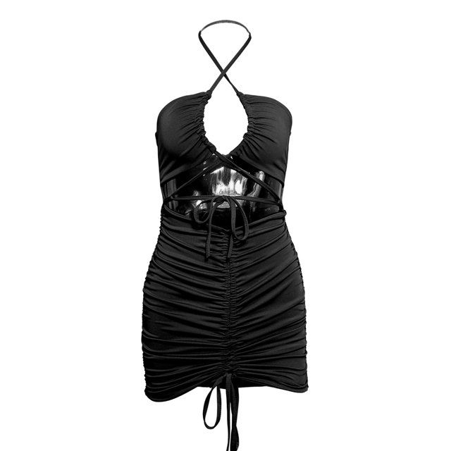 VISgogo Vestido ajustado para mujer, vestido de cadera calado con lazo fruncido y cuello halter cruzado liso, trajes de fiesta cortos ajustados para mujer VISgogo moda