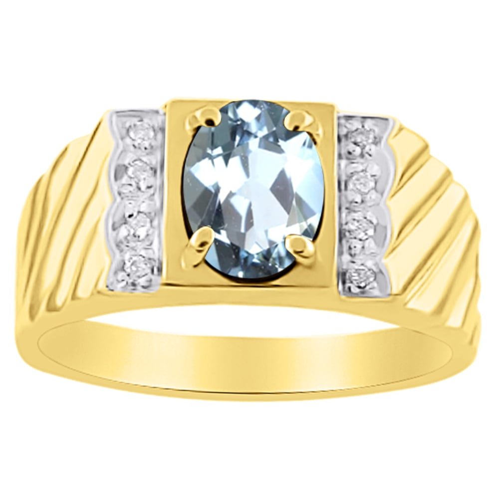 Mens Diamond & Aquamarine Ring 14K Yellow or 14K White Gold by Elie Int.