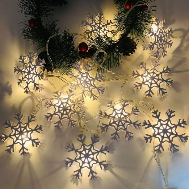 Tira de luces LED navideñas con batería y copos de nieve blancos, decoración navideña con colgante de muñeco de nieve y árbol de Navidad.