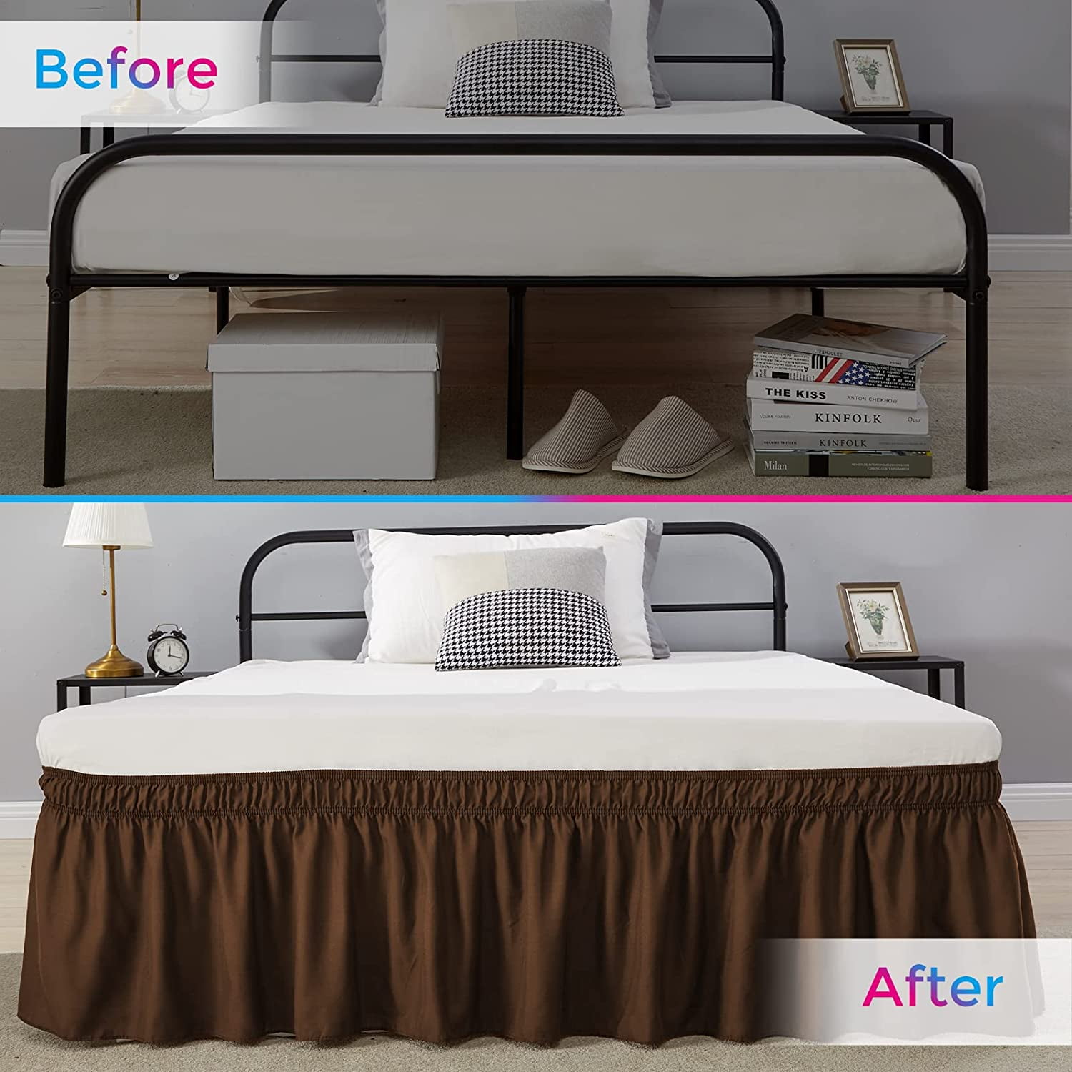 Wrap Around Bed Skirts 18" Drop, Fully Elastic Dust Ruffle, Soft and Luxury, Fade Resistant, Machine Washable Luxurious Fabric, Cal king Size - Chocolate Solid.