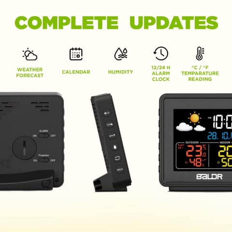 Baldr Atomic Digital Projection Alarm Clock with Ceiling Display, Calendar, and Indoor OutdoorTemperature with Remote Sensor