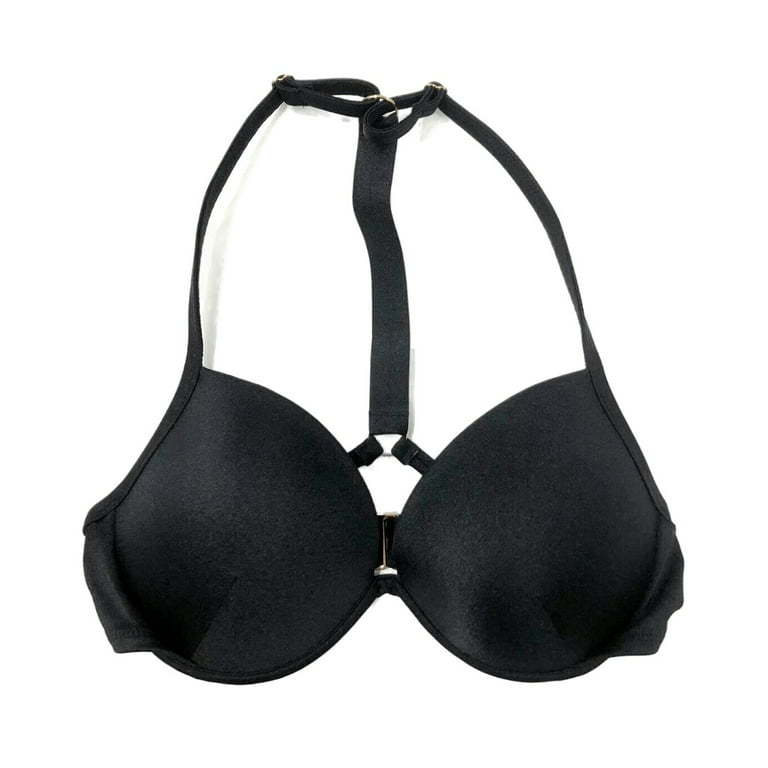 Victoria's Secret Women's Full Coverage Push-Up Bikini Top Black Rhinestone  Shine T-Strap Cups Size 32DD NWT