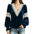 thumbnail image 2 of Lutiedan Velvet Tops for Women Lace V Neck Puff Long Sleeve Shirts Dressy Casual Fall Winter Velour Blouses S-XXL, 2 of 8