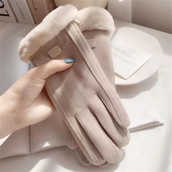 Huankd Women's Winter Suede Gloves with Fur Cuffs - Soft, Warm, Touchscreen, Fleece Lined Khaki