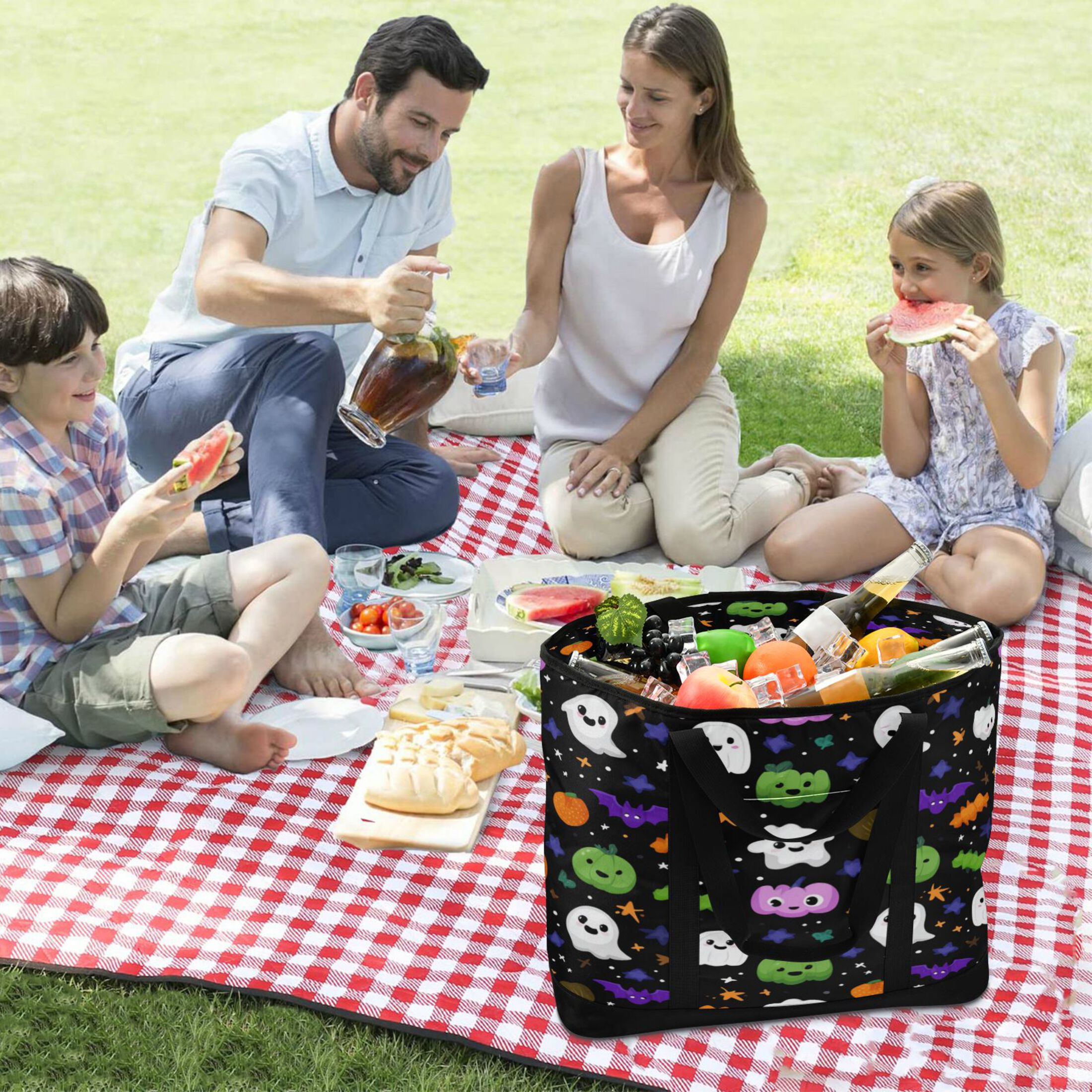 Extra-Large Wide Opening Design Capacity Hand-Held Ice Pack Thickened Insulation Layer For Long-Lasting Cold Retention For Outdoor Shopping Picnics And Camping Cartoon Ghosts Pumpkins