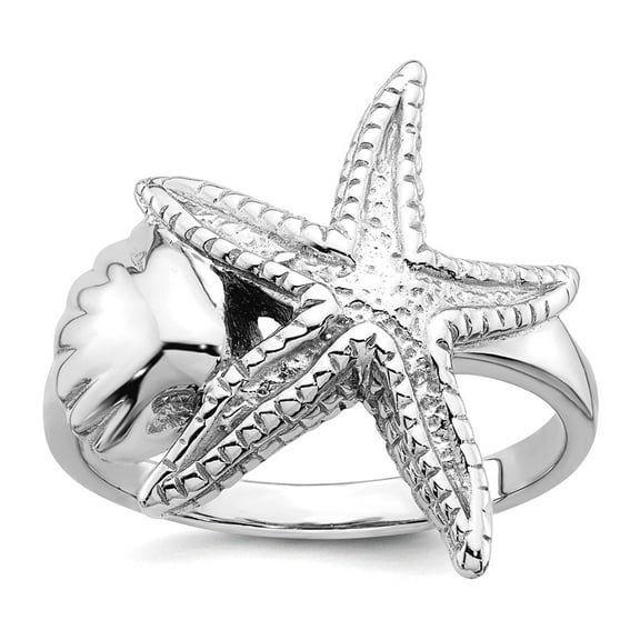 20.1mm 925 Sterling Silver Rhodium Plated Polished Sea Shell With Starfish Ring Size 7 Ring for Women