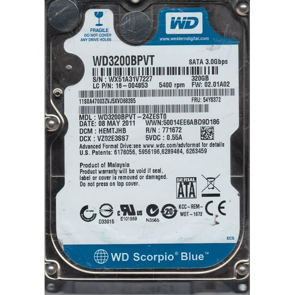 WD3200BPVT-24ZEST0, DCM HEMTJHB, Western Digital 320GB SATA 2.5 Hard Drive