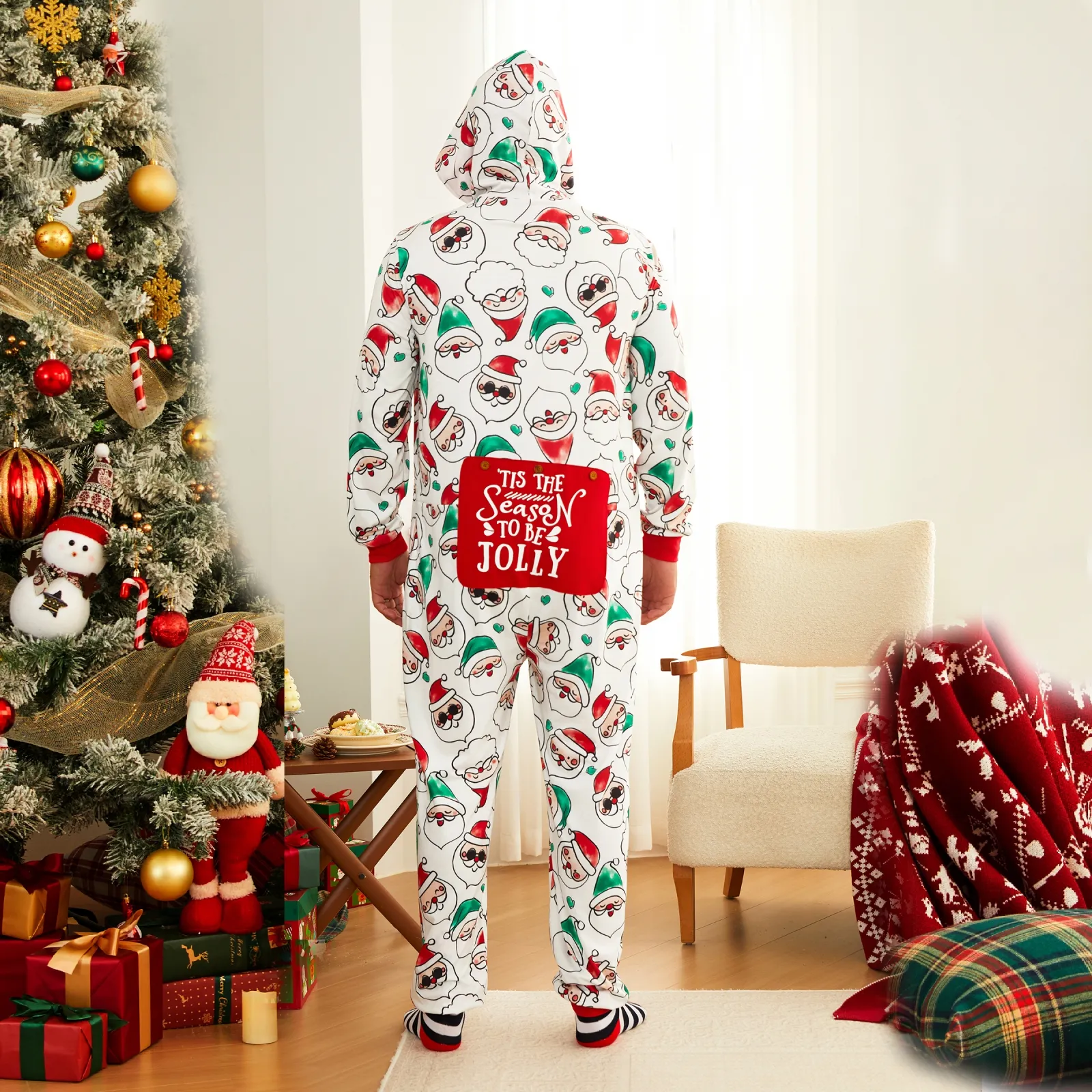 PatPat Christmas Family Matching Pajamas Holiday Couple Onesies for Men Allover Santa Claus Print Long Sleeve Hooded Zipper One Piece Pjs with Socks, M