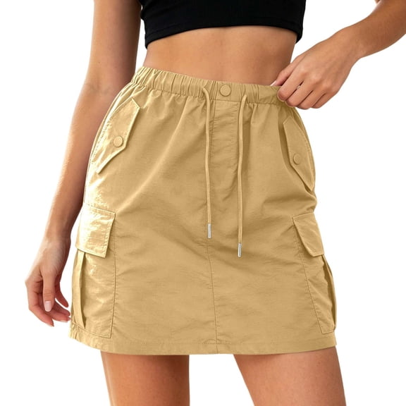 Arlun Women's Plus Size Drawstring Elastic Waist Cargo Skirts with Flap Pockets Summer Causal Solid Color Mini Short Skirts Simple Stylish Slim Fit Streetwear Yellow XL