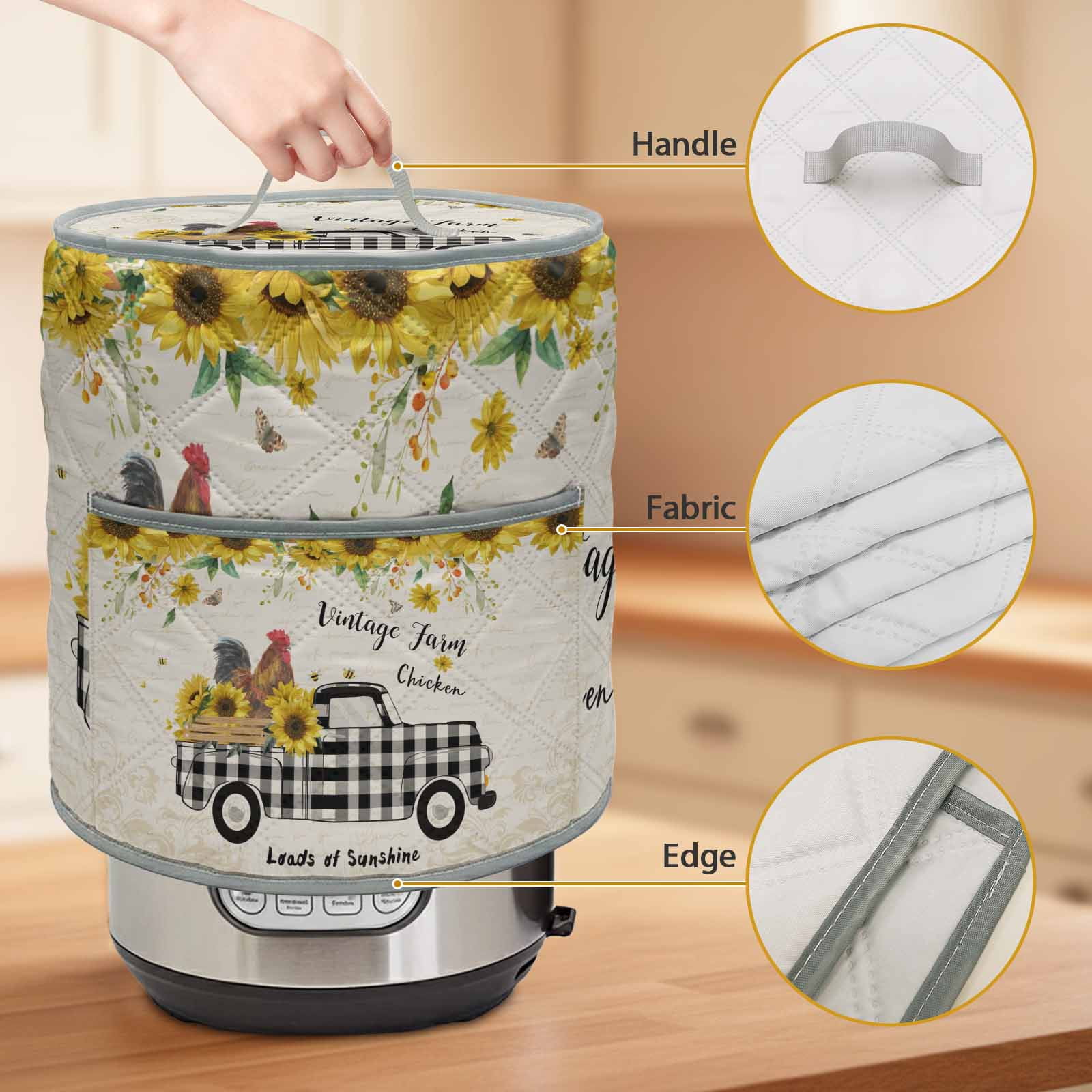 Chicken Truck Sunflower Rice Cooker Cover 6 Quart Vintage Farm Loads of Sunshine Pressure Cooker Cover Appliance Protector Dust Case with Pocket and Handle for Kitchen