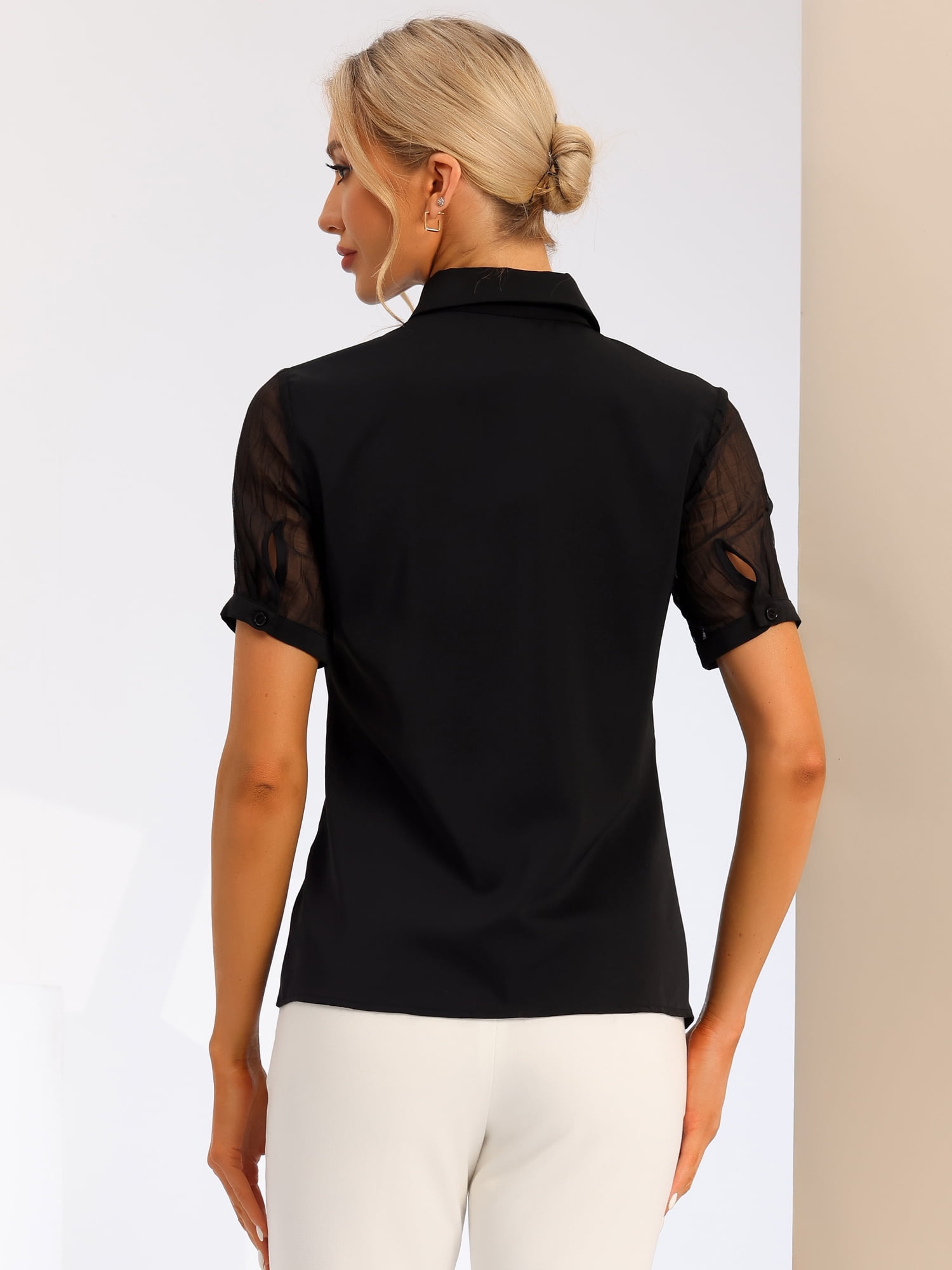 DARING DIVA Women's Button Down Sheer Short Sleeve Point Collar Work Shirt  XS Black