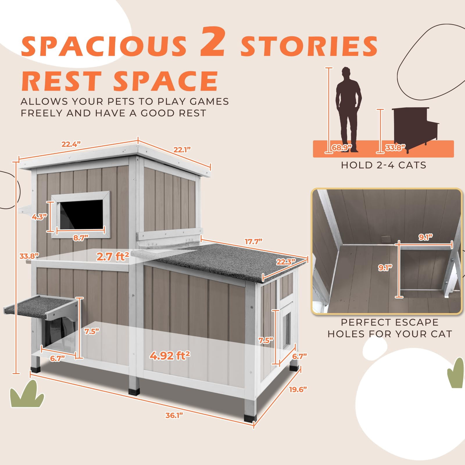 Gowoodhut 36.1" L Outdoor Cat House, 2 Story Wooden Outdoor Cat Shelter with 3 Escape Doors