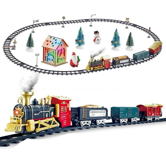 Juego de tren navideño, locomotora de vapor eléctrica, tren con luces, música, pistas que funcionan con pilas, juego de regalo de Navidad para niños, niñas y niños