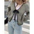 thumbnail image 4 of Women'S Tie Front Bow- Cardigan Sweaters Chunky Knit Long Puff Sleeve Trendy Fall Winter Jacket Coats Grey S, 4 of 5