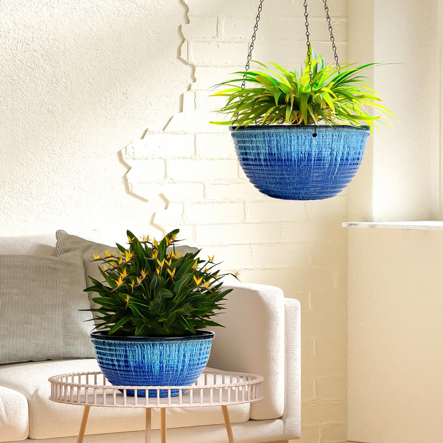 2 Pack Hanging Planters for Indoor Outdoor Plants, 10 Inch Hanging Planter with Drainage Hole & Plug Glazed Hanging Baskets Flower Pots for Garden Home (Blue Glaze)