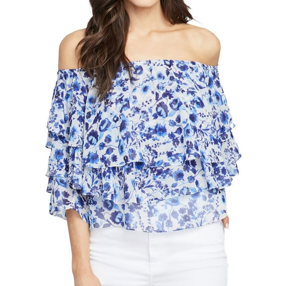 Rachel Roy Womens Tiered Ruffled Blouse, Blue, X-Small