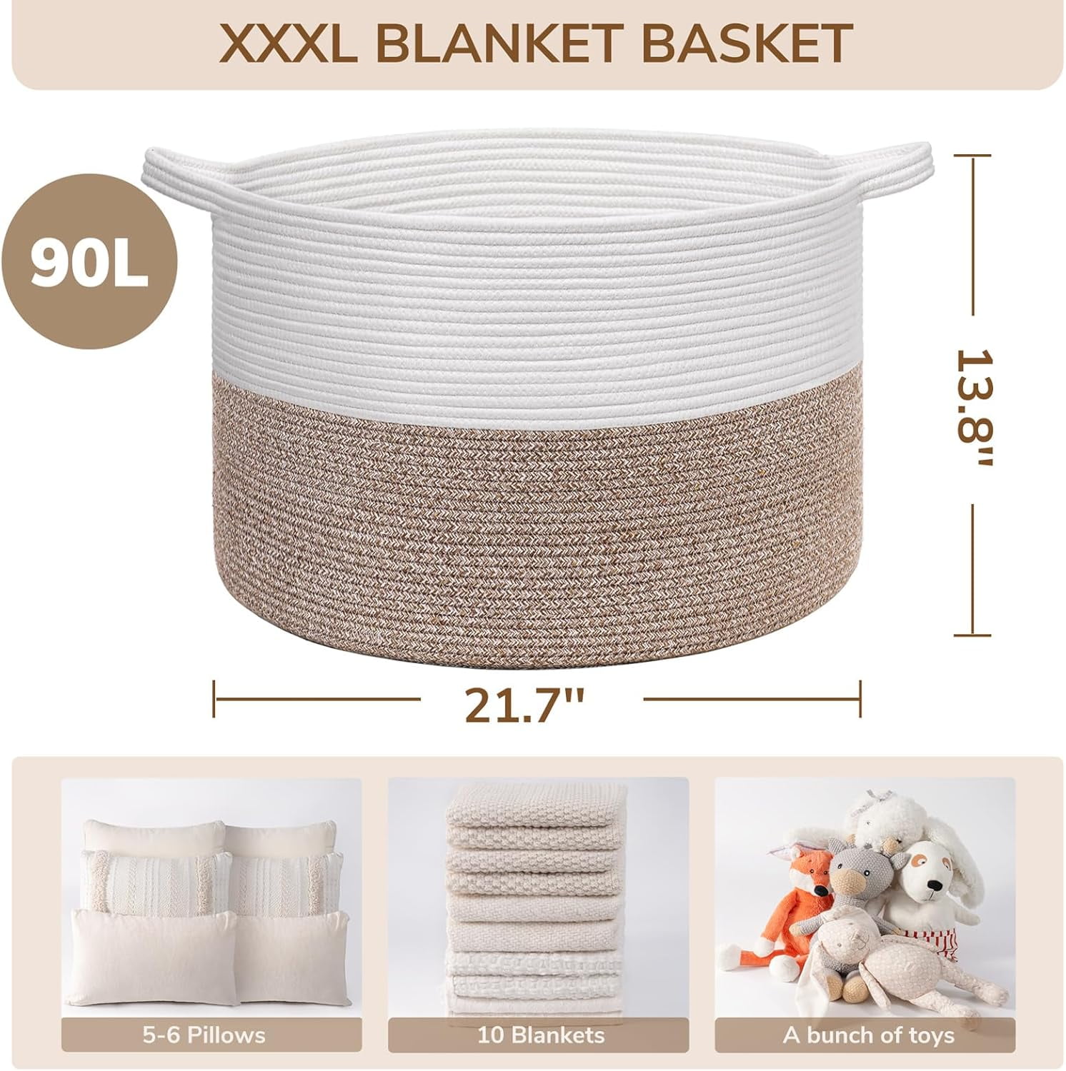XXXLarge Cotton Rope Basket 21.7" x 21.7" x 13.8" Woven Baby Laundry Blanket Basket Toy Baskets with Handle Storage Comforter Cushions Thread Laundry Hamper