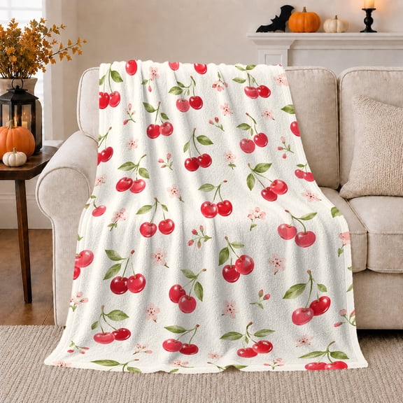 Cheerful Cherry Pattern Autumn Sofa Organic Repeat, Cozy Botanical Garden Scene, Warm Flannel Blanket for Sunroom and Reading Nook, Garden Lovers Thanksgiving Gift, Artistic Home Decor