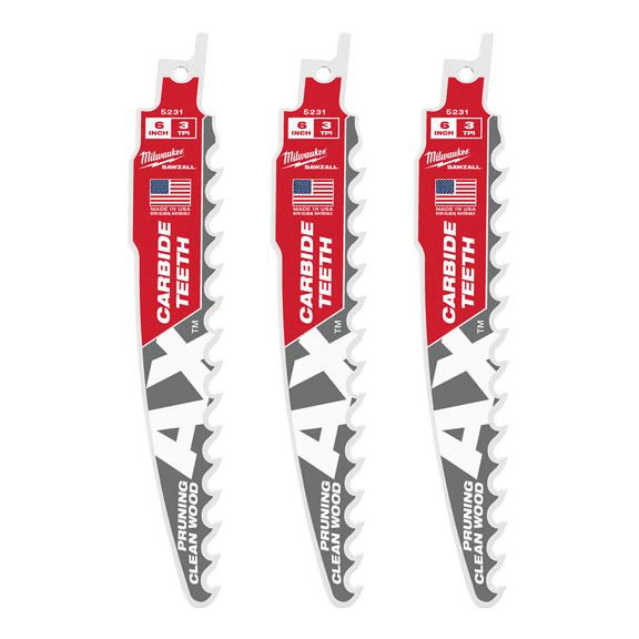 Milwaukee-48-00-5331 6in. 3 TPI The AX with Carbide Teeth for Pruning And Clean Wood SAWZALL Blade 3PK
