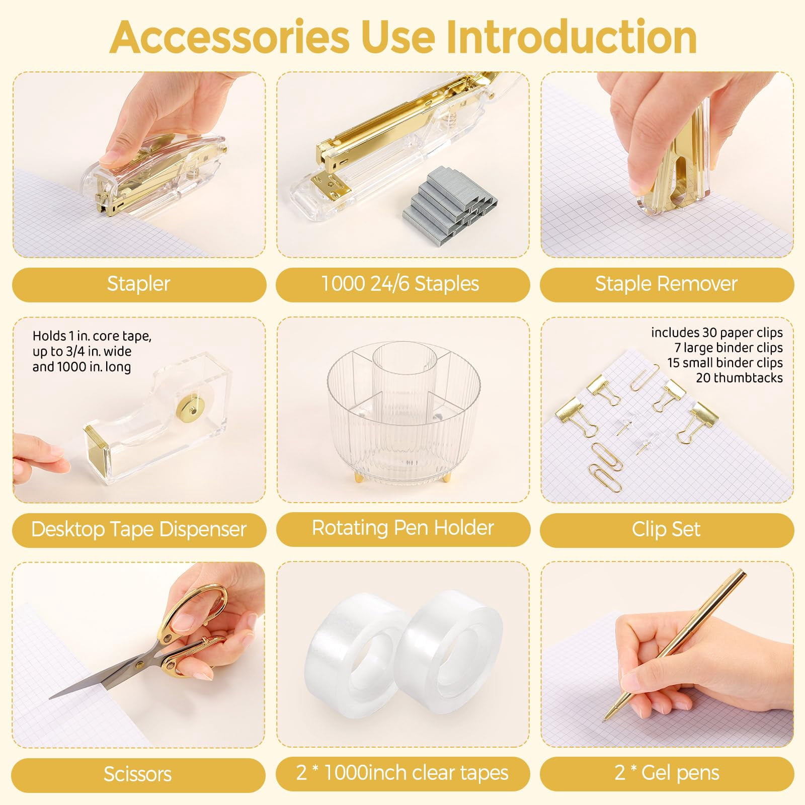 Office Supplies Set  Pencil Holder For Desk Gel Pen Stapler Tape Dispenser Clips And 1000pcs Staples Decor Women Accessories