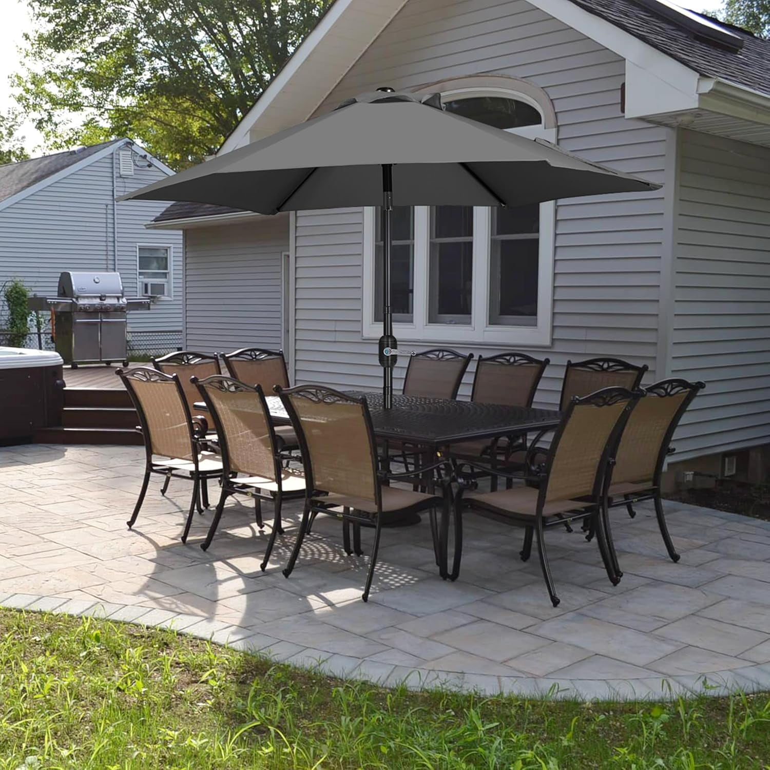 Librala Grace 7.5FT Patio Umbrella Outdoor with Heavy Duty Base Included,Table Umbrella with Push Button Tilt and Crank, UV Protection Waterproof for Yard/Outdoor/Wedding Parties and Events - Gray